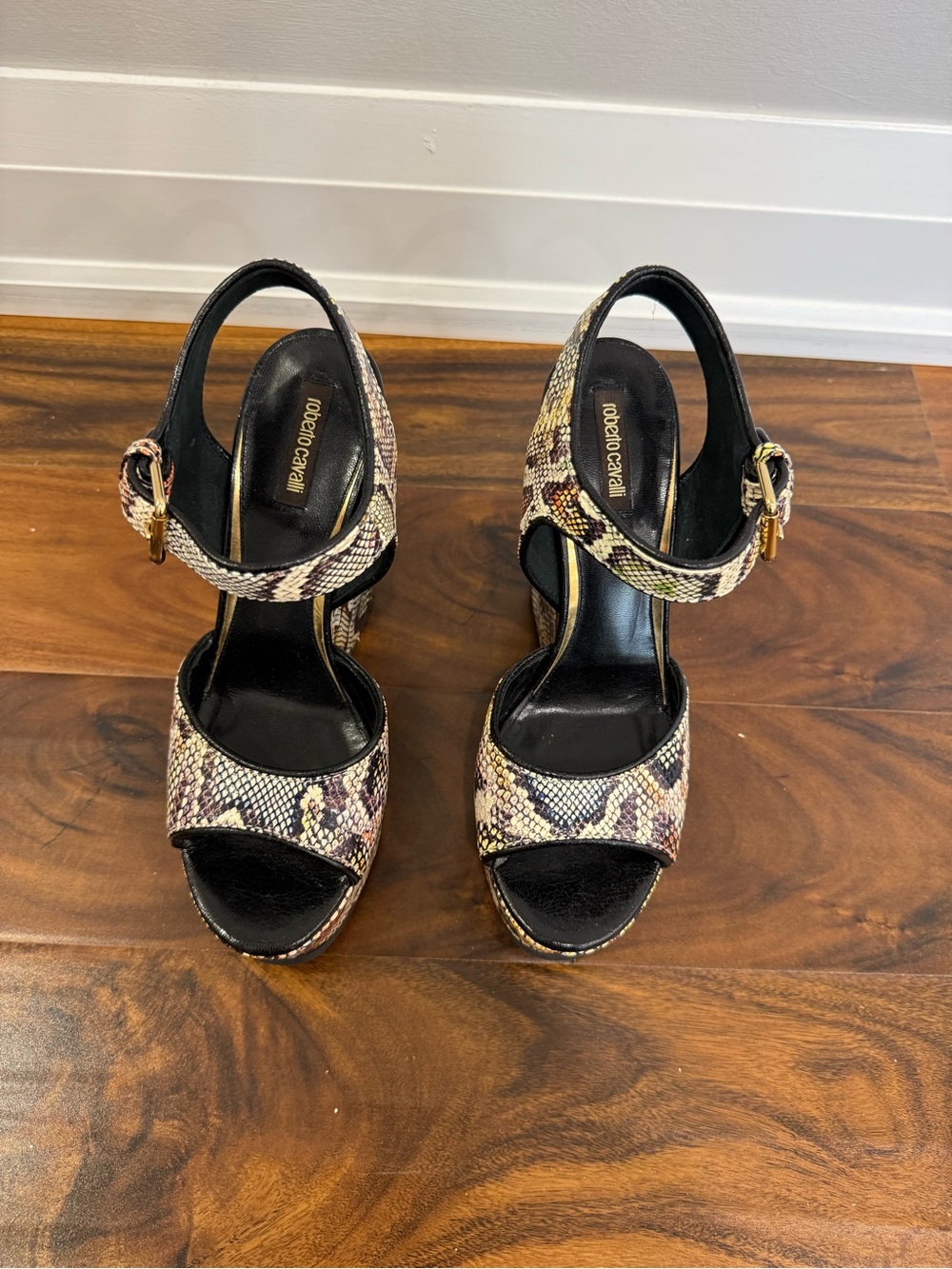Roberto Cavalli Multitone Snake-Print Platform Sandals
